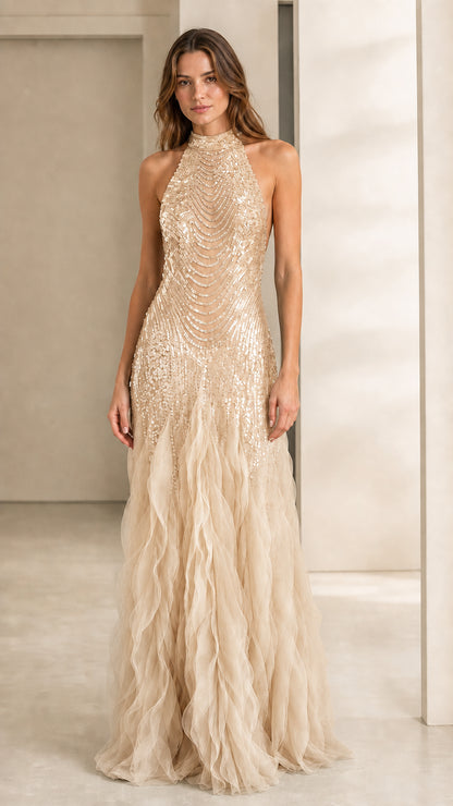 Front view of champagne sequin halter evening dress