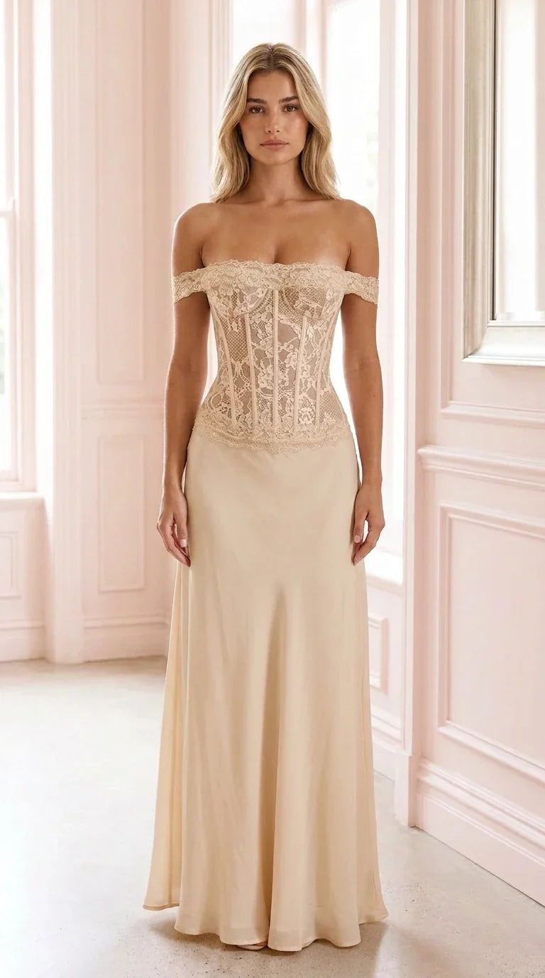 Front view of champagne off-shoulder lace corset evening dress