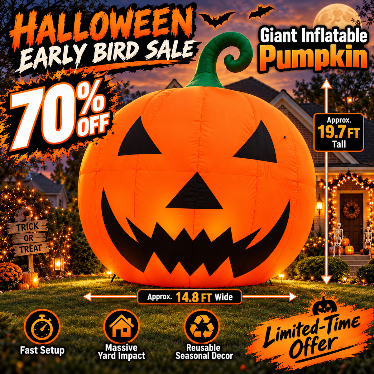 🎃 Giant 19.7FT Inflatable Jack-O’-Lantern 👻 – Oversized Halloween Yard Decoration